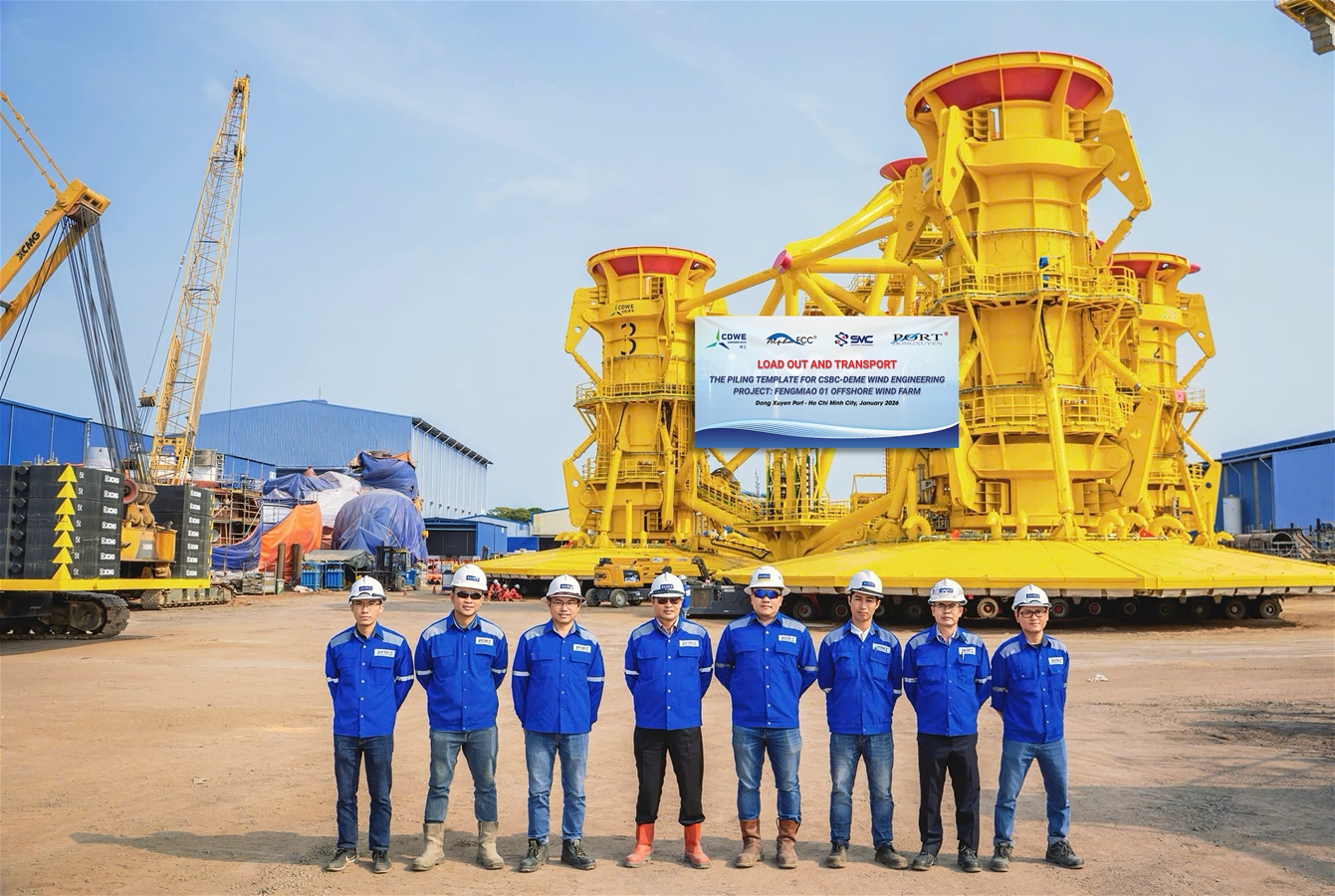 Cung cấp dịch vụ cơ sở hạ tầng phục vụ hạ thuỷ cấu kiện Piling Template nặng 2,100T và chế tạo, gia công, lắp đặt gối đỡ hàng; chằng buộc hàng trên sà lan